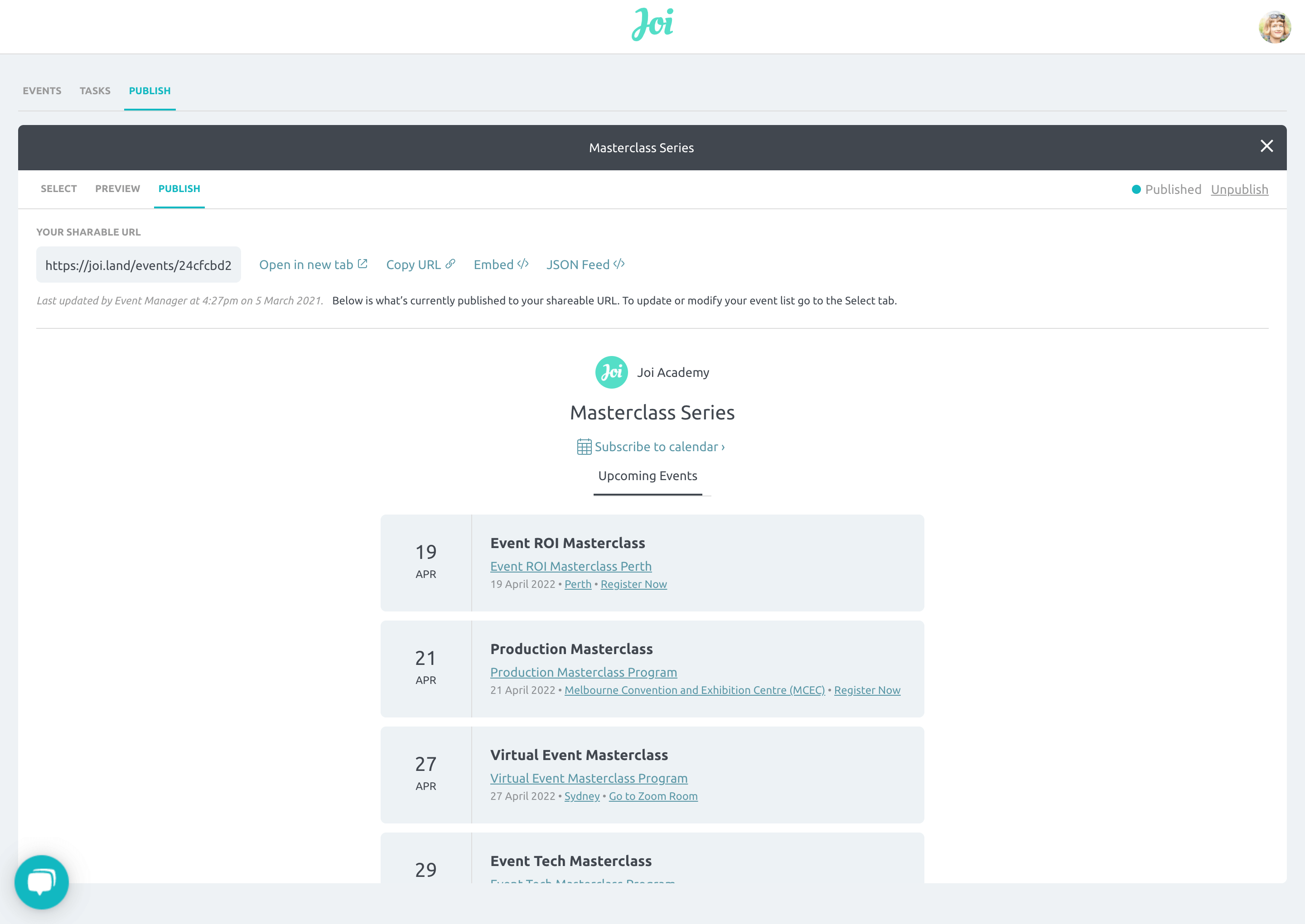 Published Event Series example
