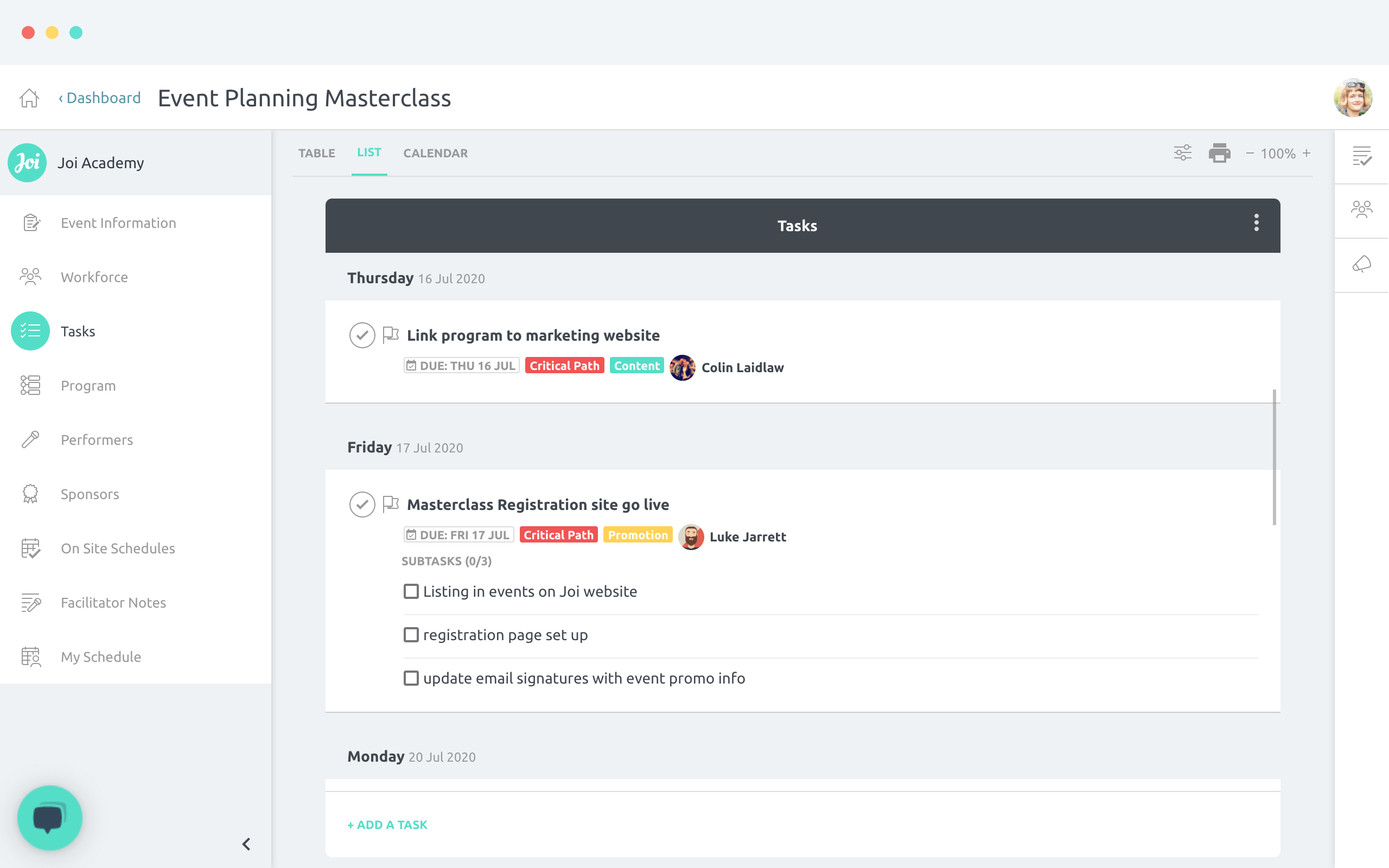 Tasks - list view